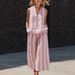 Women's Clothing Summer Women's Two Piece Set Zipper Stand Collar Shirt And Striped Trousers Sleeveless Clothing_ecoleips.com