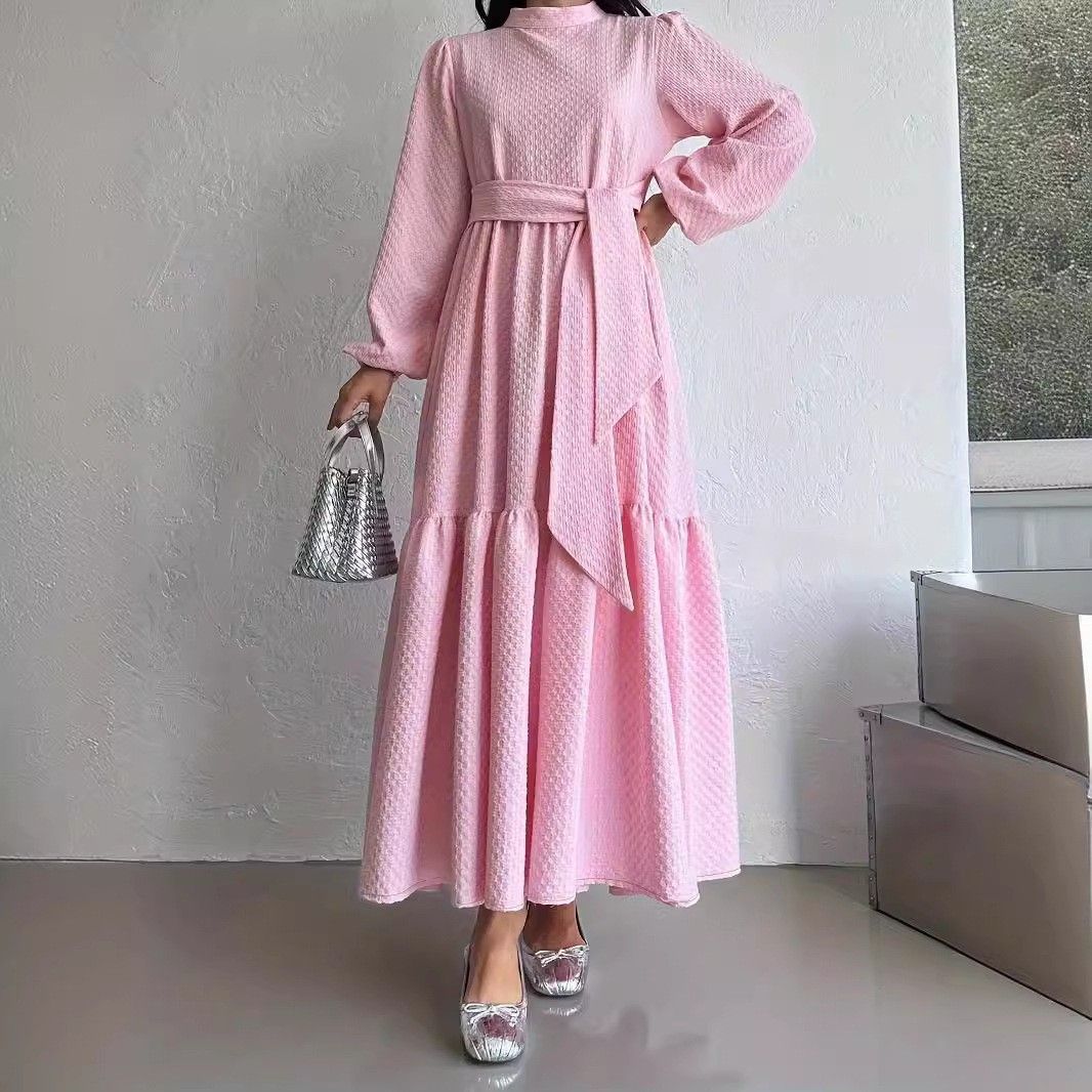 Women's Clothing Muslim Solid Color High Neck Long With Belt Fashion Elegant Dress_ecoleips.com