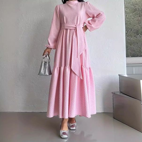 Women's Clothing Muslim Solid Color High Neck Long With Belt Fashion Elegant Dress_ecoleips.com