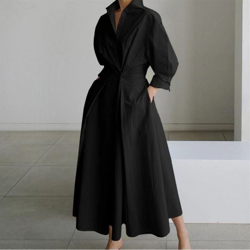 plus Size Commuter Fashion Polo Collar Nine Sleeve Loose Skirt Dress Good Cross Border Foreign Trade 2024 Hot Selling_ecoleips.com