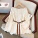 New Women's Clothing Knit Sweater Hollow Out Long Sleeve Loose Fit Stylish Youthful Belted Waist Slimming Outerwear Top_ecoleips.com