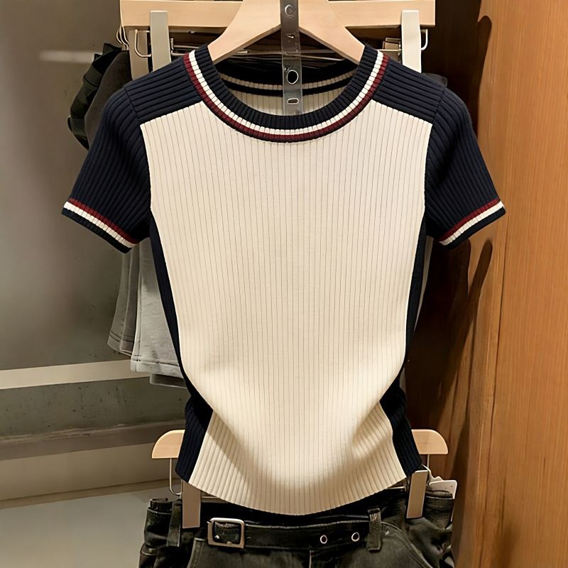 Color Blocked Plus Size Knitted Top Round Neck Pullover Elegant Slimming Base Layer Short Sleeved Summer_ecoleips.com
