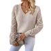 Elegant V-Neck Long Sleeve Knit Top With Lace Detailing – Breathable & Stylish Women’s Casual Blouse For Fall & Spring_ecoleips.com