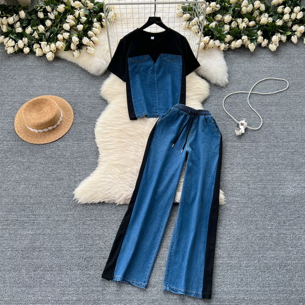 Women's Clothing Short Sleeved T Shirt Patchwork Denim Top High Waist Casual Straight Pants Two Piece Suit_ecoleips.com