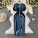 Retro Temperament Contrast Color Embroidery V Neck Denim Dress For Women Summer New Style Waist Slimming Slit Hip Long Skirt_ecoleips.com