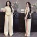 Women's Clothing Fashion Summer Two Piece Set Letter Print Color Block Short Sleeve Top With Slimming Wide Leg Pants_ecoleips.com
