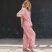 Women's Solid Color Two Piece Set V Neck Short Sleeve Top & High Waisted Trousers Casual American Style Pant Suit_ecoleips.com