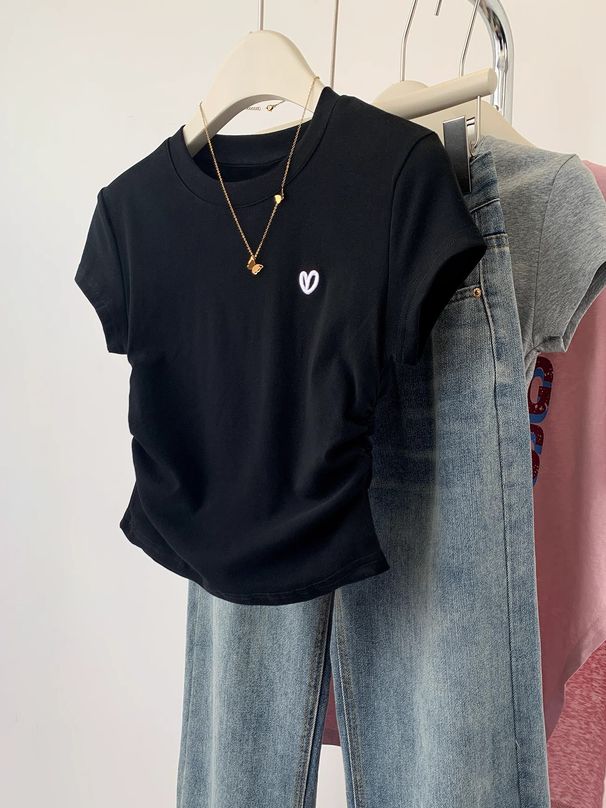American-Style Summer Women's Top With A Niche Sweet-Spicy Flavor: Short-Sleeved, Embroidered, Solid-Color, Pleated, Wai_ecoleips.com