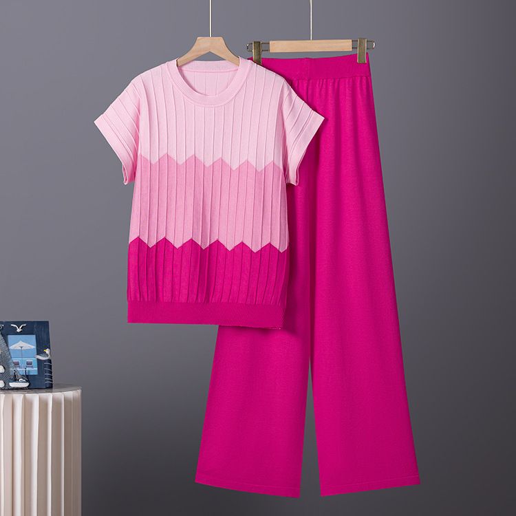 Women's Gradient Color Block Loose Fit Round Neck Sleeveless Knit Top Set With High Waisted Wide Leg Trousers_ecoleips.com