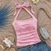 Elegant Women's Halter Neck Cami Top Tie-Front Summer Sleeveless Blouse Sexy Ribbed Knit Stretch Casual Wear_ecoleips.com