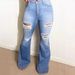 Light Blue Plus Size Stretch Ripped Jeans Wide Leg Flare Denim For Women Regular Thickness Solid Color England Style Fashion_ecoleips.com