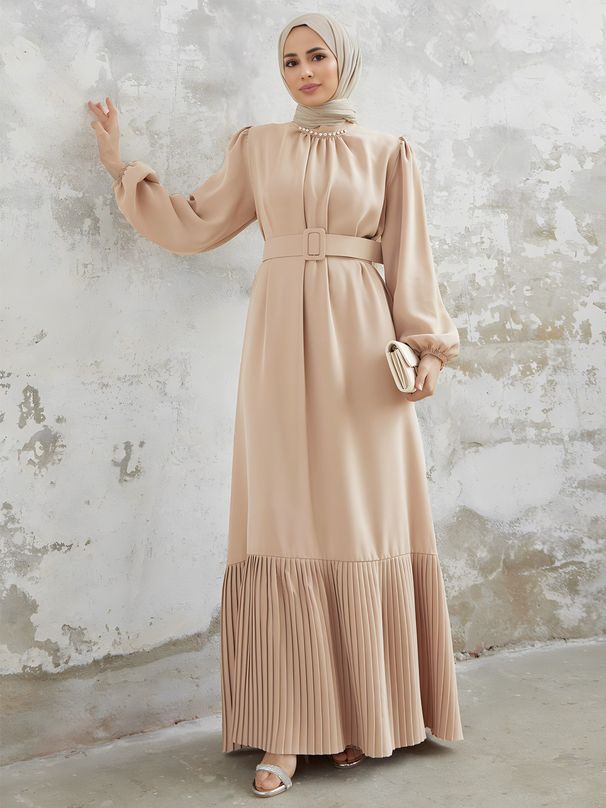Women's Clothing A1457 Elegant Beaded Pleated Dress Middle Eastern Muslim Long Dress (without headscarf)_ecoleips.com