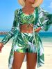Women's Three Piece Swimsuit Set Printed Drawstring Top Long Sleeve Mesh Cover Up Boxer Briefs Fashionable Regular Fit Nylon Polyester_ecoleips.com