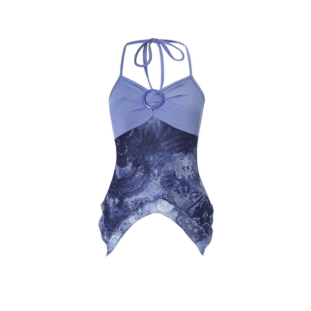 Popular European And American Women's Patchwork Printed Camisole With V-neck, Retro, Asymmetrical, Slim-fit_ecoleips.com