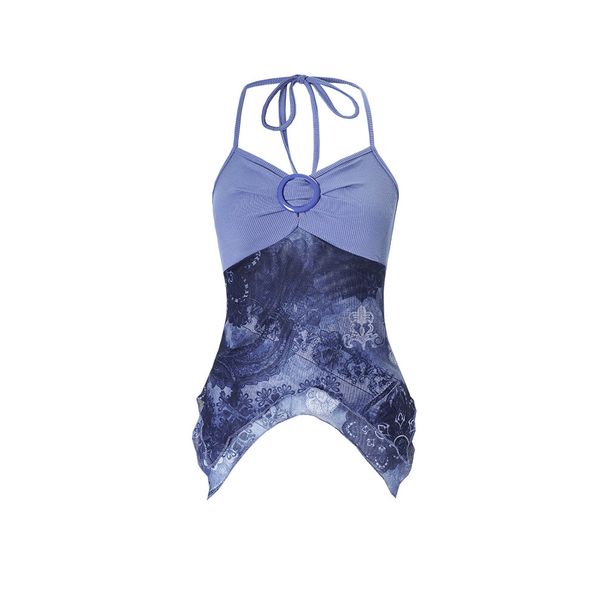 Popular European And American Women's Patchwork Printed Camisole With V-neck, Retro, Asymmetrical, Slim-fit_ecoleips.com