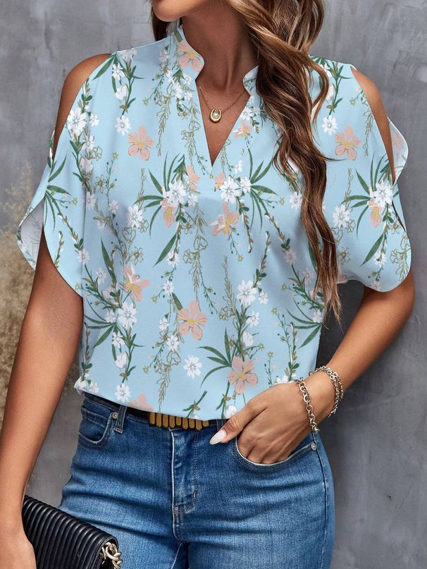 European And American Hot Sale Women's Shirts 2025 Summer New Printed V-neck Temperament Fashion Hollow Off-shoulder Sleeve Women's Top Shirt_ecoleips.com