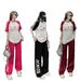 Women's American Retro Style Summer Sports Two Piece Set High Waisted Jogger Pants Loose Short Sleeved Trendy Outfit_ecoleips.com