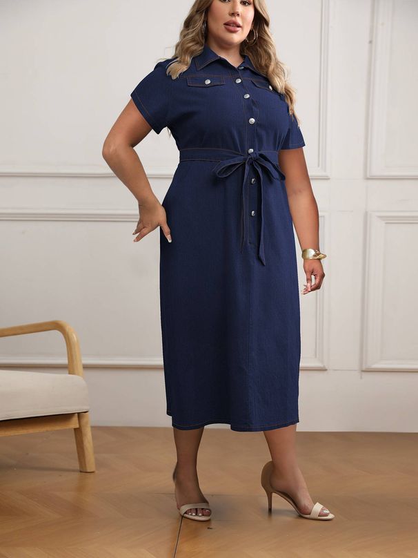 Plus Size Denim Wrap Dress With Belt, Mid-Length Three-Quarter Sleeve Flattering A-Line Dress In Navy_ecoleips.com