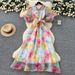 French-Inspired Floral Print Dress – Tiered Tulle Skirt With Corset Lacing & Lantern Sleeves (S-XXL)_ecoleips.com