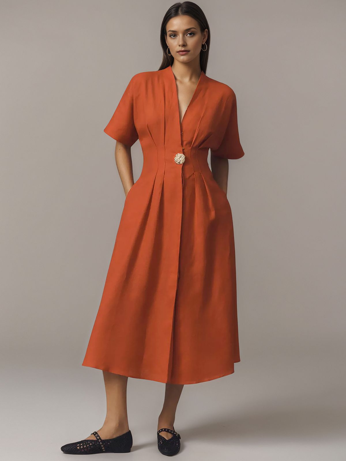 Women's Long Dress V Neck Short Sleeve Front Button Loose Fit Shirt Dress With Slit Fashion_ecoleips.com