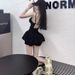 Spicy Girl Hollow Out Backless Waist-Cinching Strap Jumpsuit Sexy Girly Slimming Pants Black Short Skirt Set For Women_ecoleips.com
