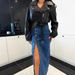 Women's High Waist Button Detail Irregular Slit Denim Skirt Slim Fit Hip Length Bottoms_ecoleips.com