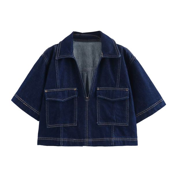 Women's Summer New V-Neck Pullover Short Shirt + Double Breasted High Waist Denim Skirt Pants Set_ecoleips.com