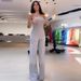 Women's Clothing summer new fashion slanted shoulder collar waist solid color wide leg jumpsuit for women_ecoleips.com