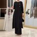In Stock Muslim Women's Two-Piece Set Solid Color Side Slit Shirt Wide-Leg Pants Abaya Middle Eastern Style Long Robe_ecoleips.com