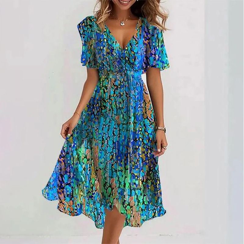 Women's Loose Casual V Neck Floral Print Dress Comfortable_ecoleips.com