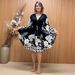 Women's Clothing Casual Fashion Printed Tie Strap Slit V Neck Long Sleeve Dress_ecoleips.com
