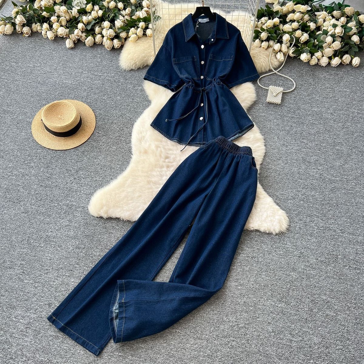 Women's Clothing Retro Hot Girl Style Denim Suit For Women Summer Drawstring Polo Collar Shirt Top Elastic Waist Wide Leg Slim Fit Trousers_ecoleips.com