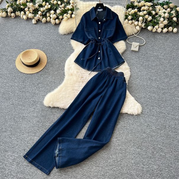 Women's Clothing Retro Hot Girl Style Denim Suit For Women Summer Drawstring Polo Collar Shirt Top Elastic Waist Wide Leg Slim Fit Trousers_ecoleips.com