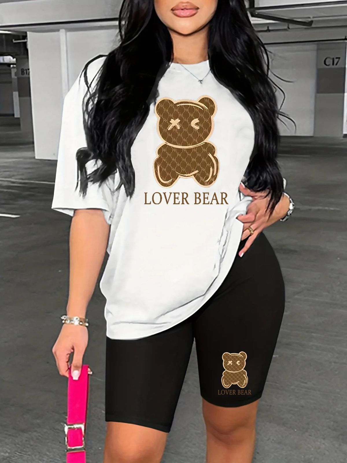 Summer Women's Casual Fashion Lover Bear Cartoon Graphic Printed Loose T-shirt Shorts Two-piece Set Summer Sportswear Suitable For Daily Wear-162_ecoleips.com