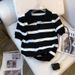 Women's Clothing Elegant Striped V-Neck T-Shirt For Women Ice Silk Knit Short-Sleeved Top Summer Autumn Style_ecoleips.com