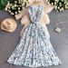 Women's French Style Geometric Print Dress V Neck Sleeveless Slimming A-Line Long Dress Sophisticated Tie Waist Summer Style_ecoleips.com