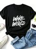 Women Vintage Distressed Wake The World Graffiti Letter Graphic T Shirt Round Neck Short Sleeve Loose Streetwear Summer Tops_ecoleips.com