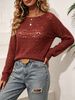 Rust Red Boat Neck Hollow Pit Rib Knit Sweater, Loose Lightweight Breathable Micro Hole Soft Skin-touch Long Sleeve Pullover_ecoleips.com