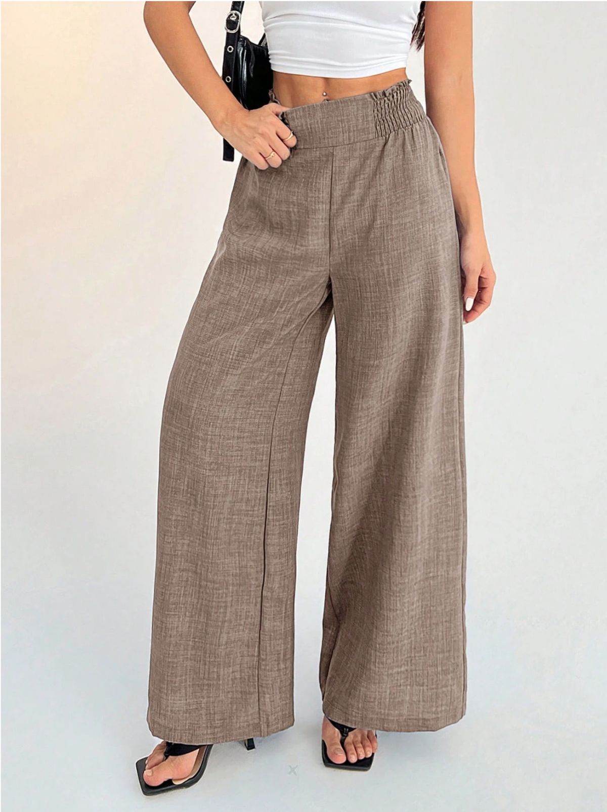 Elegant Summer 2026 Paper Bag Waist Pants Women's Casual Vacation Waistband Elastic Wide Leg Pants Work Pants Comfortable_ecoleips.com