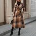 Classic British Style Long Trench Coat With Belt – Plaid Wool Blend Overcoat For Women (Sizes S-Xl, Coffee Brown)_ecoleips.com