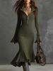 Elegant Knit Fishtail Dress With Zip Collar & Flared Sleeves – Stretchy Polyester Blend For Women’s Fall Wardrobe_ecoleips.com