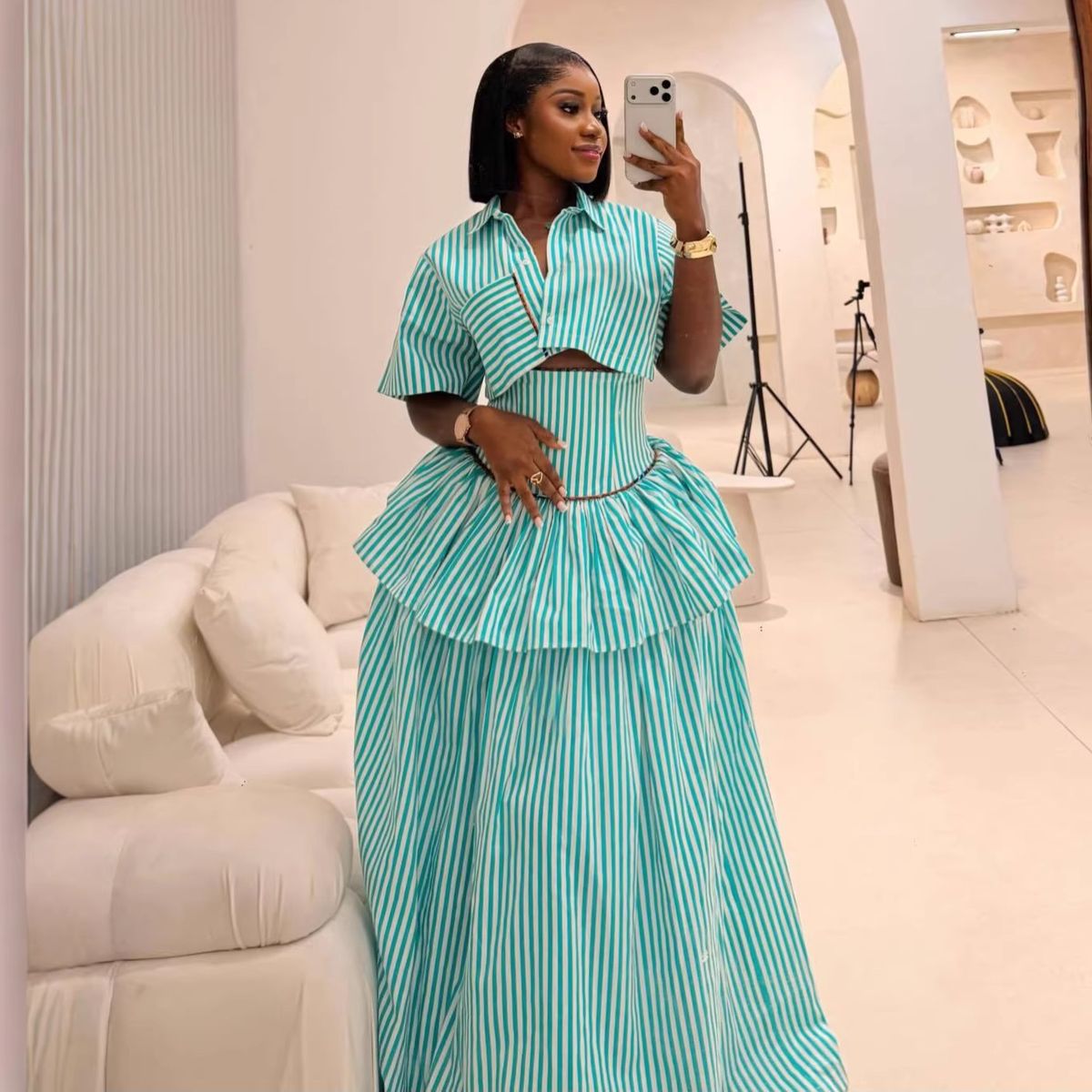 Women's Summer Striped Shirt And Skirt Set - Elegant Waist-Defining Two-Piece Outfit With Short Sleeve Blouse_ecoleips.com