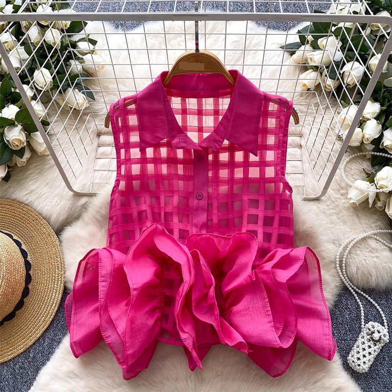 Women's Clothing Fashion Tops Design Heavy Three Dimensional Flower Bud Stitching Thin Checkered Sleeveless Chic Shirt_ecoleips.com