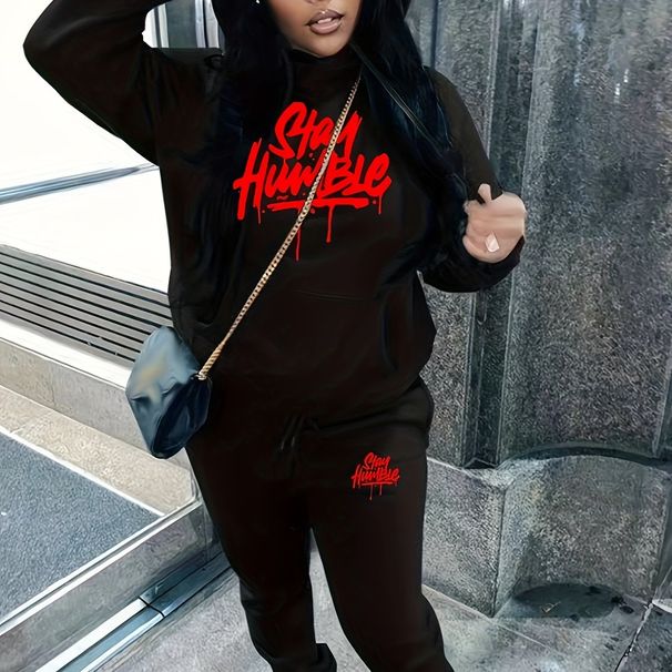 Women's Autumn/Winter Fashion And Leisure Stay Humble Letter Print Thickened Velvet Warm Hoodie+Sports Pants Set-805_ecoleips.com