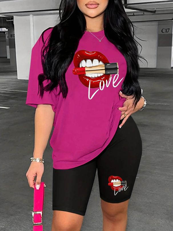 Summer Women's Casual Fashion Lip Print Lipstick Letter Graphic Print Loose T-shirt Shorts Two-piece Set Summer Sportswear Suitable For Daily Wear-163_ecoleips.com