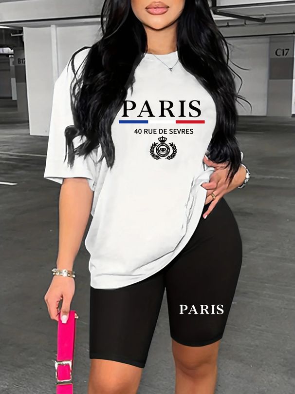 Summer Women's Casual And Fashionable Paris Pattern Print Loose T-shirt+shorts Two-piece Sportswear Suitable For Daily Wear-91_ecoleips.com