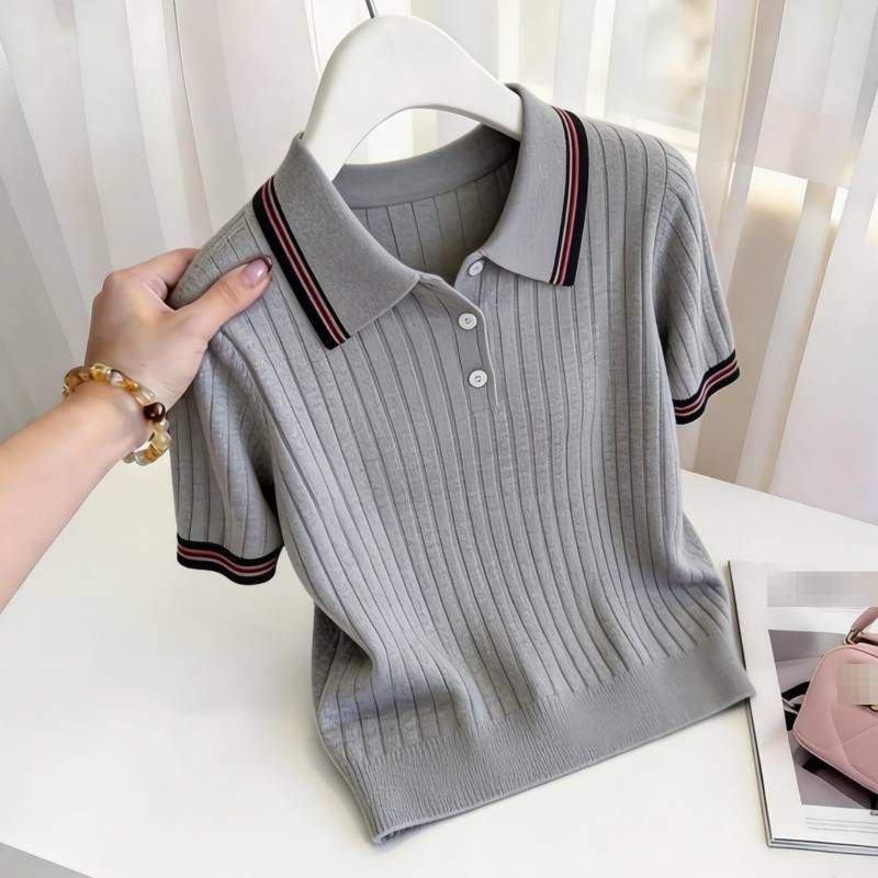 Women's Contrast Color Striped Knit Top Casual Short Sleeve Crew Neck Slim Fit T-Shirt Grey Fashion Top_ecoleips.com