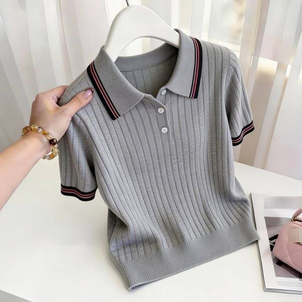 Women's Contrast Color Striped Knit Top Casual Short Sleeve Crew Neck Slim Fit T-Shirt Grey Fashion Top_ecoleips.com