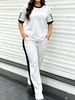 Women's Simple Sport 2-piece Set, Classic Print Colorblock Tee & Stretch Knit Side-stripe Drawstring Wide Leg Pants For Spring Summer Commute & Gym_ecoleips.com
