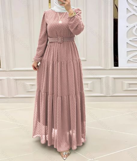 Women's Clothing Muslim Solid Color Temperament Robe With Belt New Dress_ecoleips.com